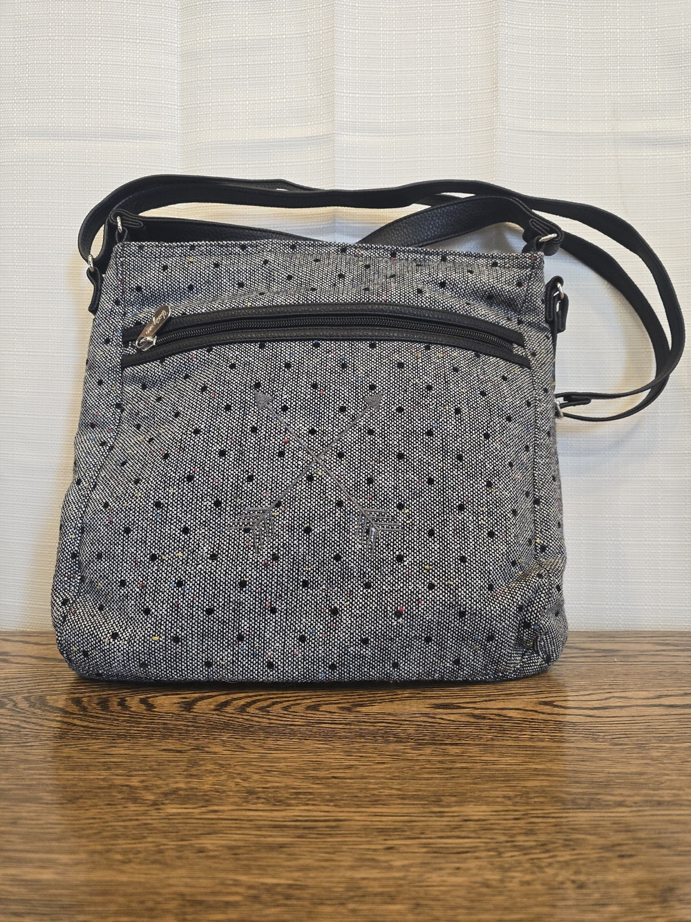 Thirty-One Everything Crossbody Bag Black Tweed Dot Embroidered Arrow
